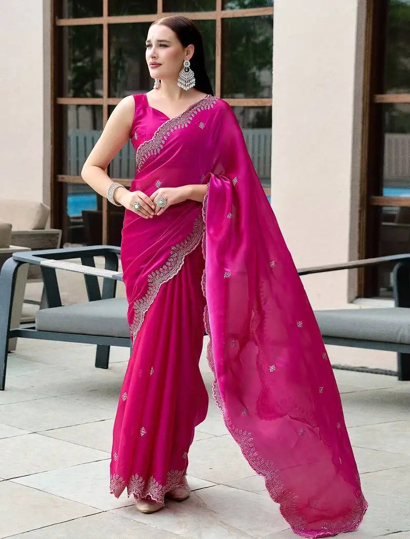 Hot pink butti embroidery work shimmer chiffon bollywood saree