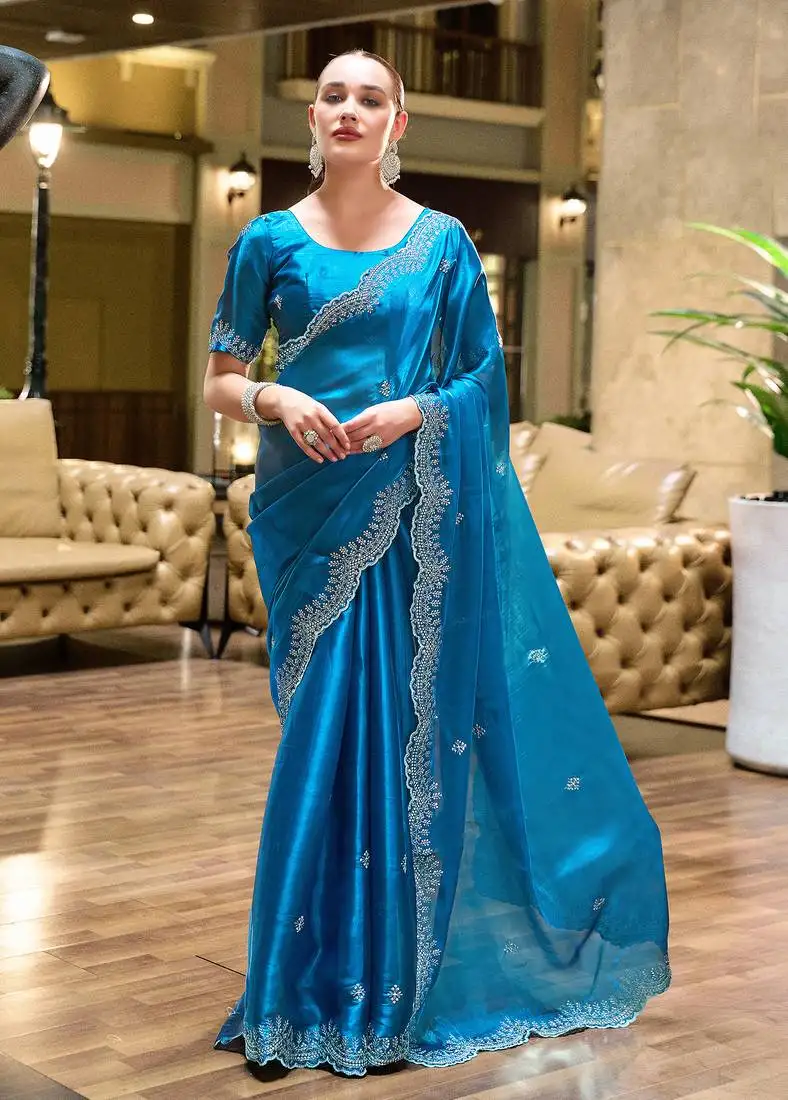 Sky blue butti embroidery work shimmer chiffon bollywood saree