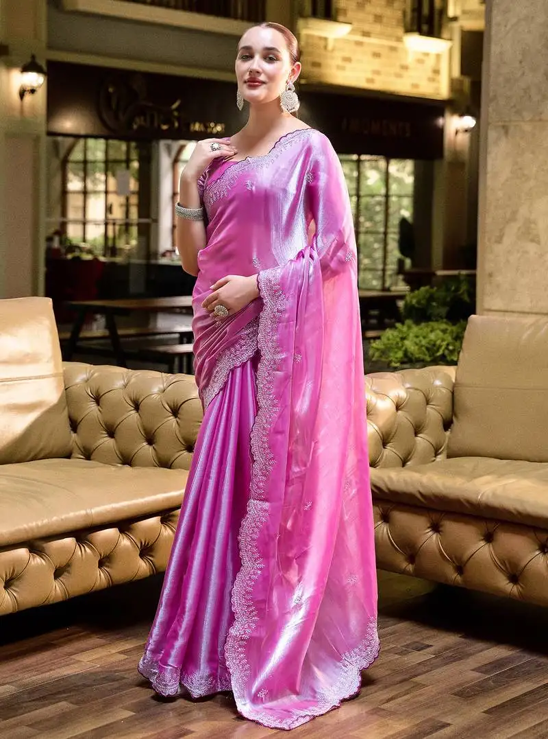 Baby pink butti embroidery work shimmer chiffon bollywood saree