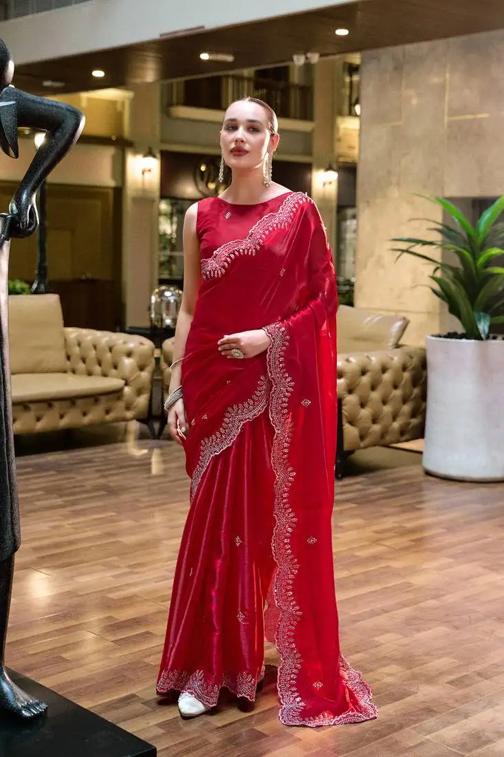 Red butti embroidery work shimmer chiffon bollywood saree