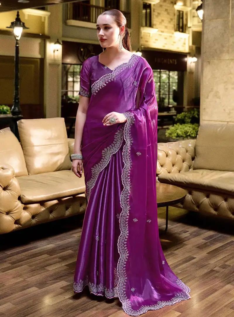 Purple butti embroidery work shimmer chiffon bollywood saree