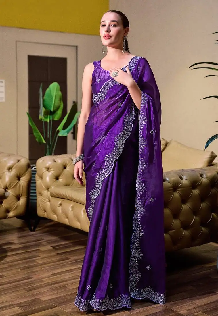 Violet butti embroidery work shimmer chiffon bollywood saree