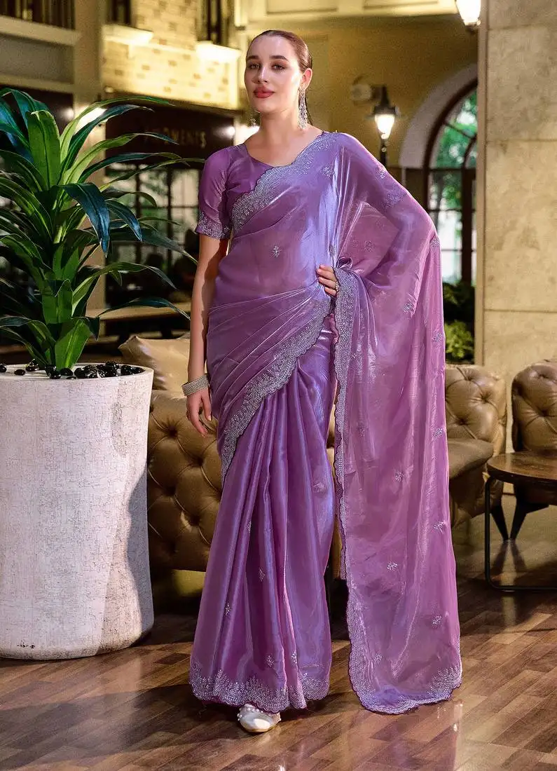 Lavender butti embroidery work shimmer chiffon bollywood saree
