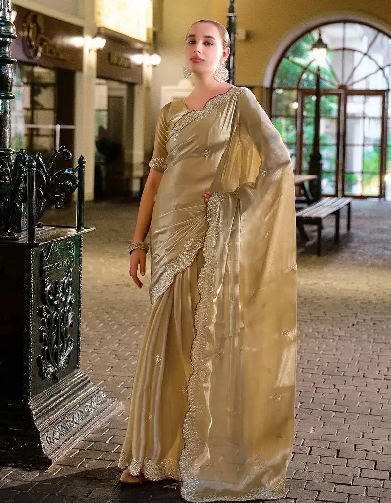 Ivory butti embroidery work shimmer chiffon bollywood saree