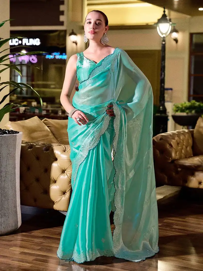 Ocean green butti embroidery work shimmer chiffon bollywood saree