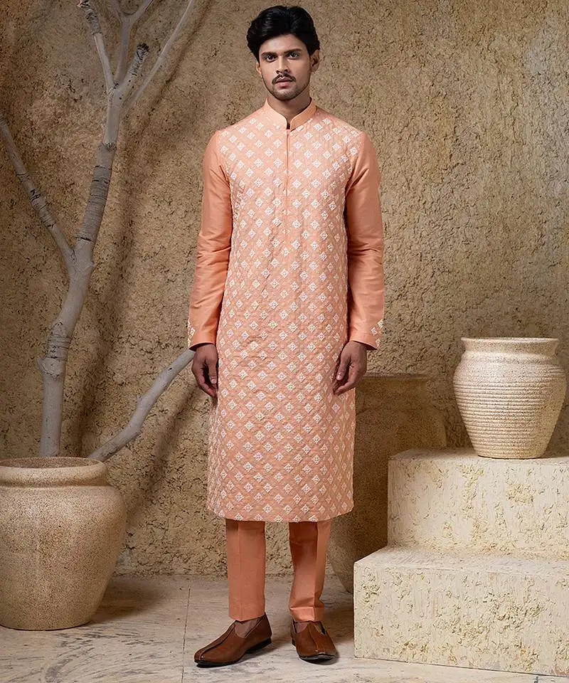 Orange embroidered cotton silk kurta pajama