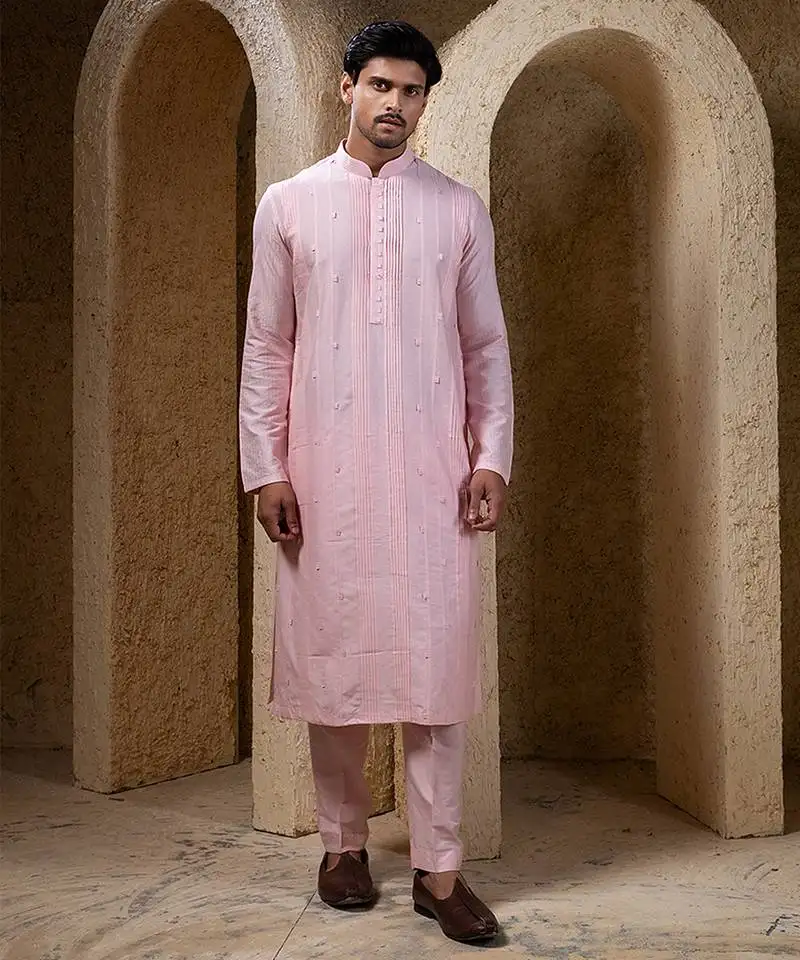 Pink plain cotton silk kurta pajama