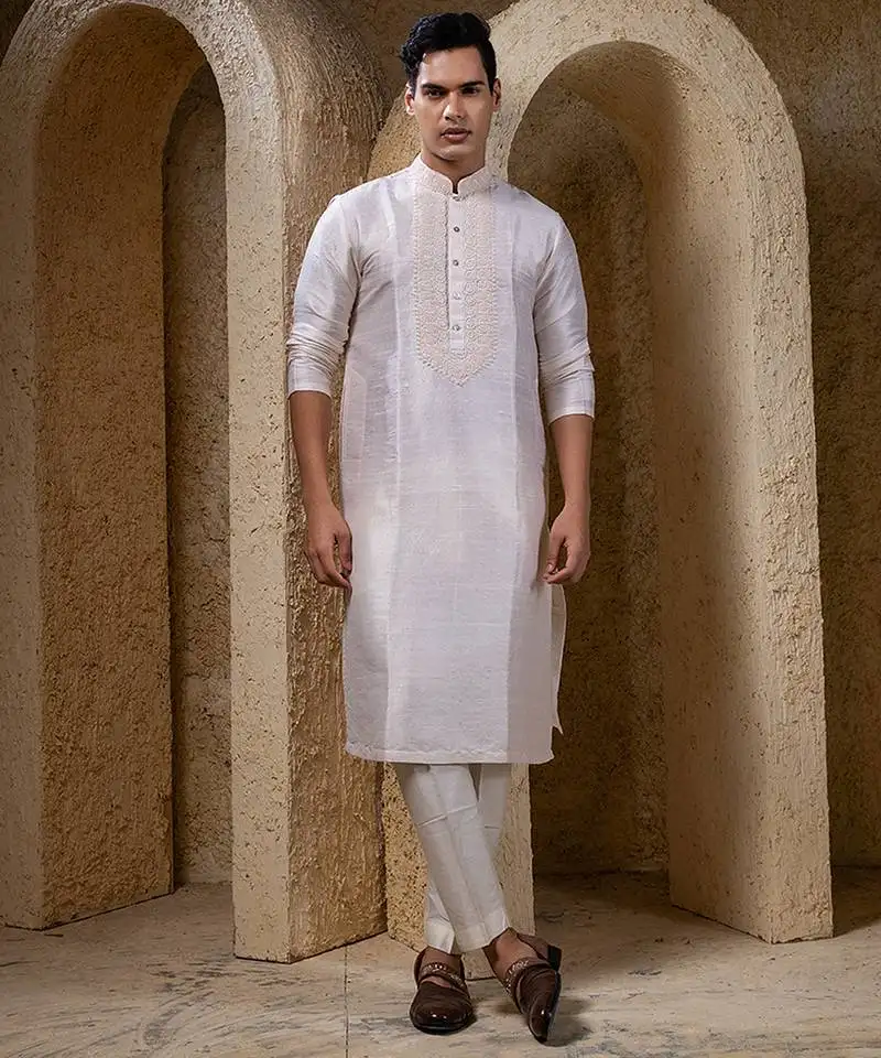 White plain silk kurta pajama