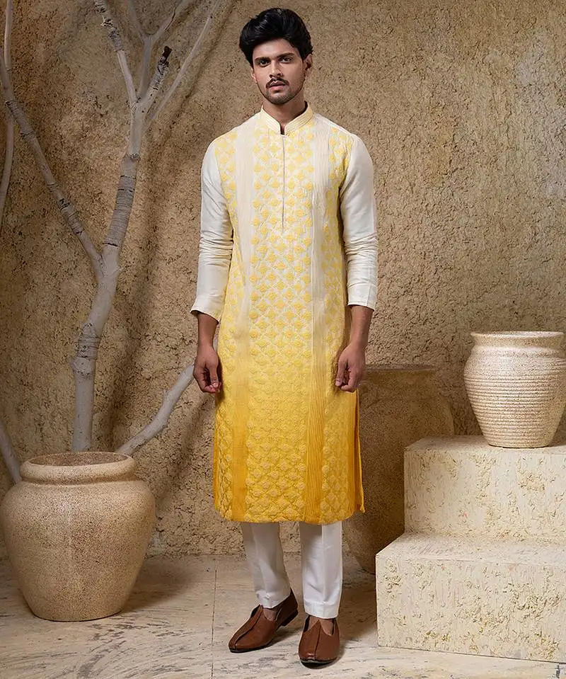 Yellow embroidered viscose kurta pajama