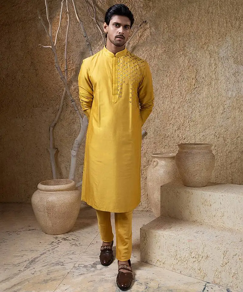Yellow embroidered cotton silk kurta pajama