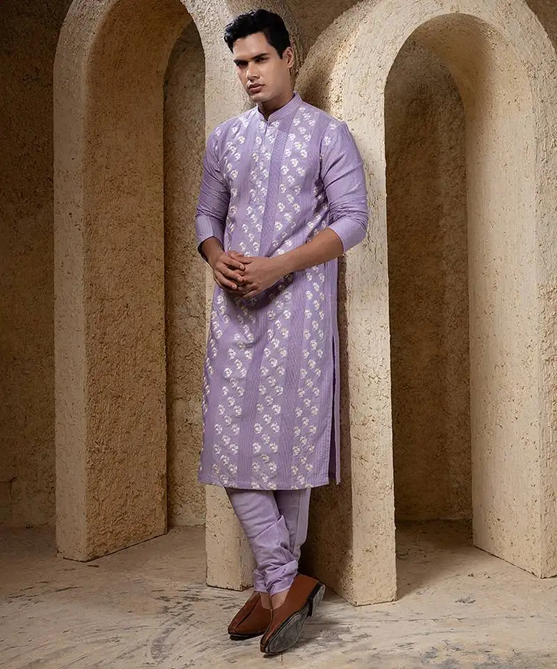 Purple embroidered cotton silk kurta pajama