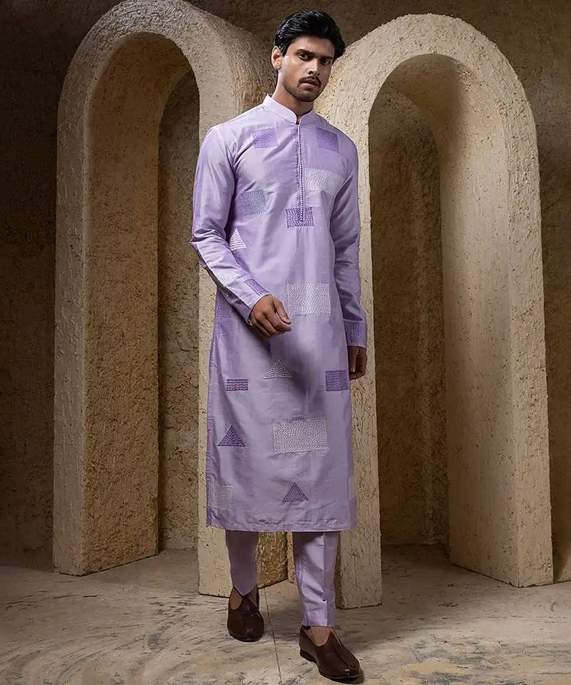 Purple plain cotton silk kurta pajama