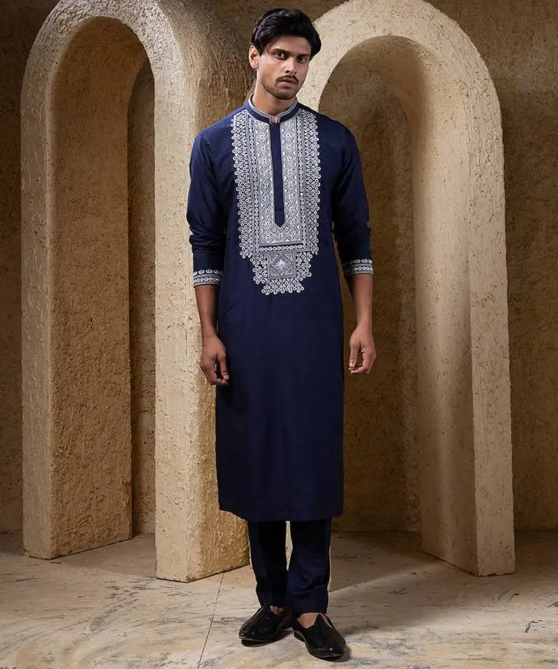Navy blue embroidered cotton silk kurta pajama