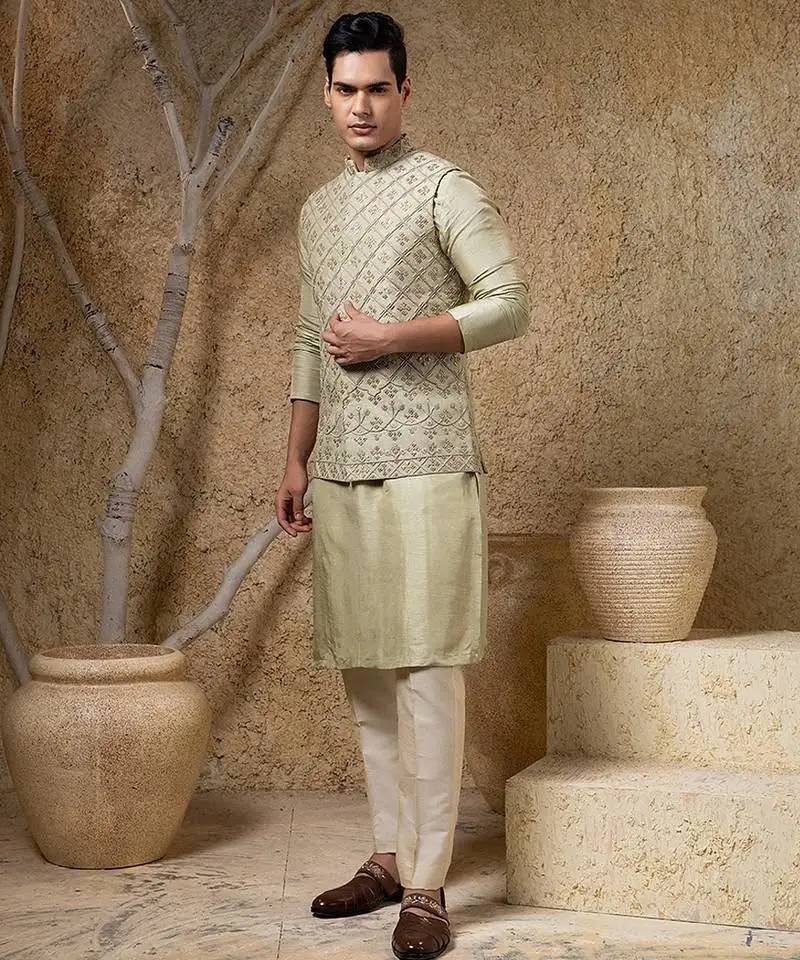 Green embroidered viscose nehru jacket set
