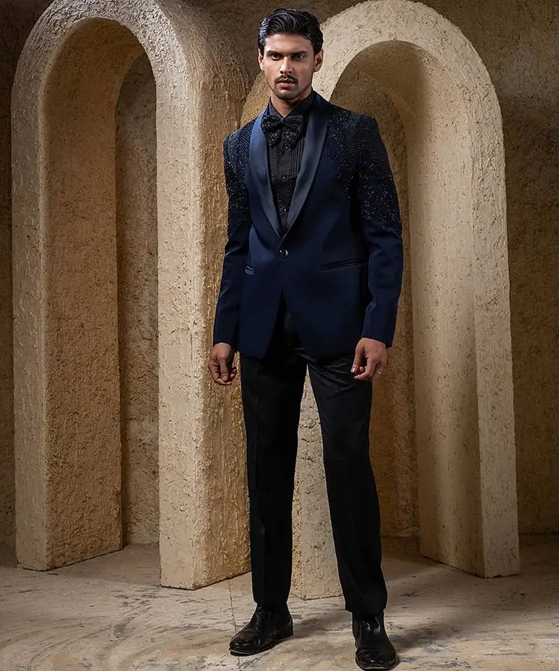 Navy blue embroidered cotton tuxedo