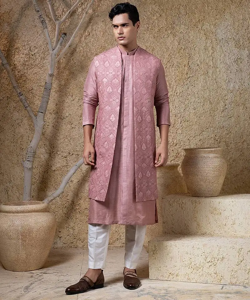 Pink embroidered viscose jacket paired with kurta & pant