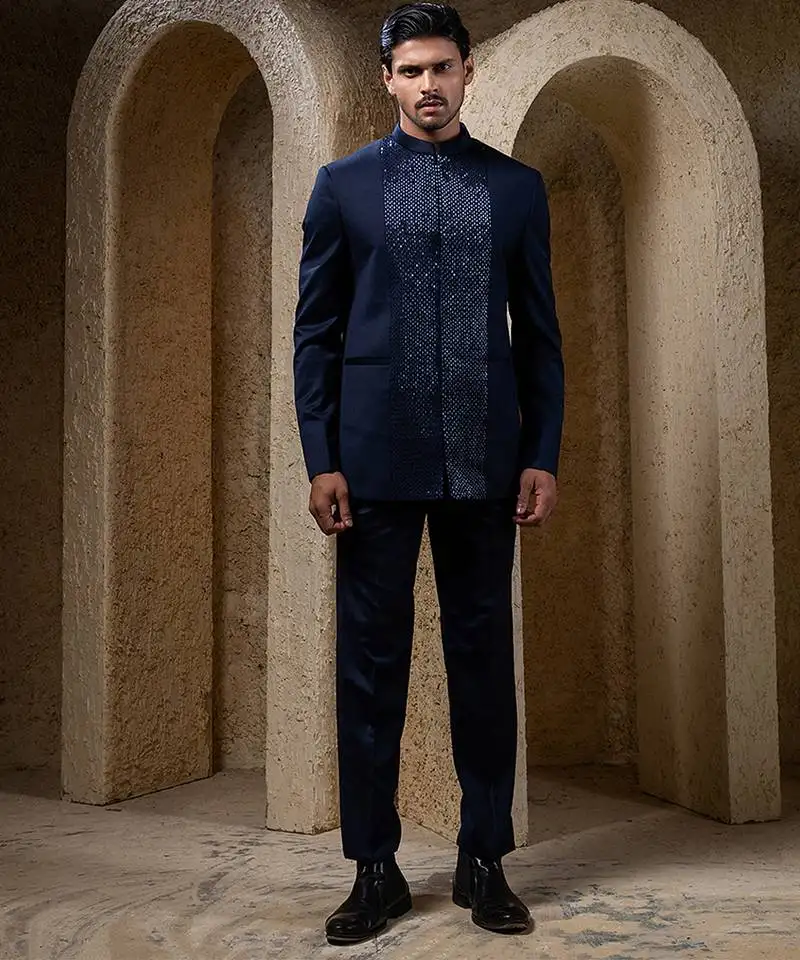 Navy blue embroidered cotton bandhgala suit