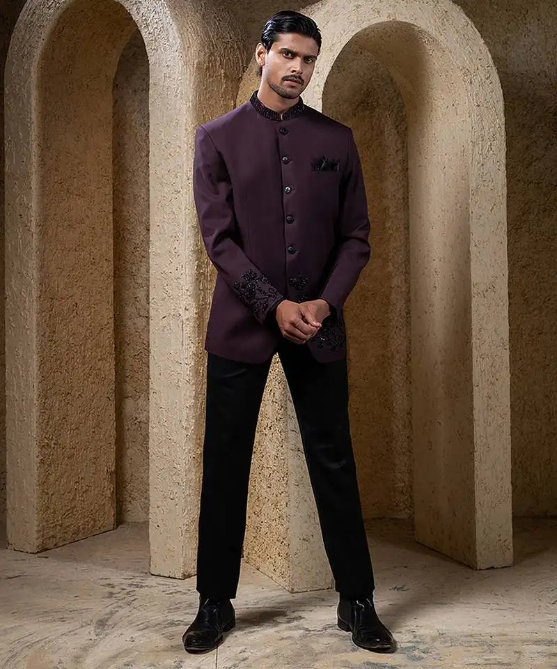 Wine plain cotton bandhgala suit
