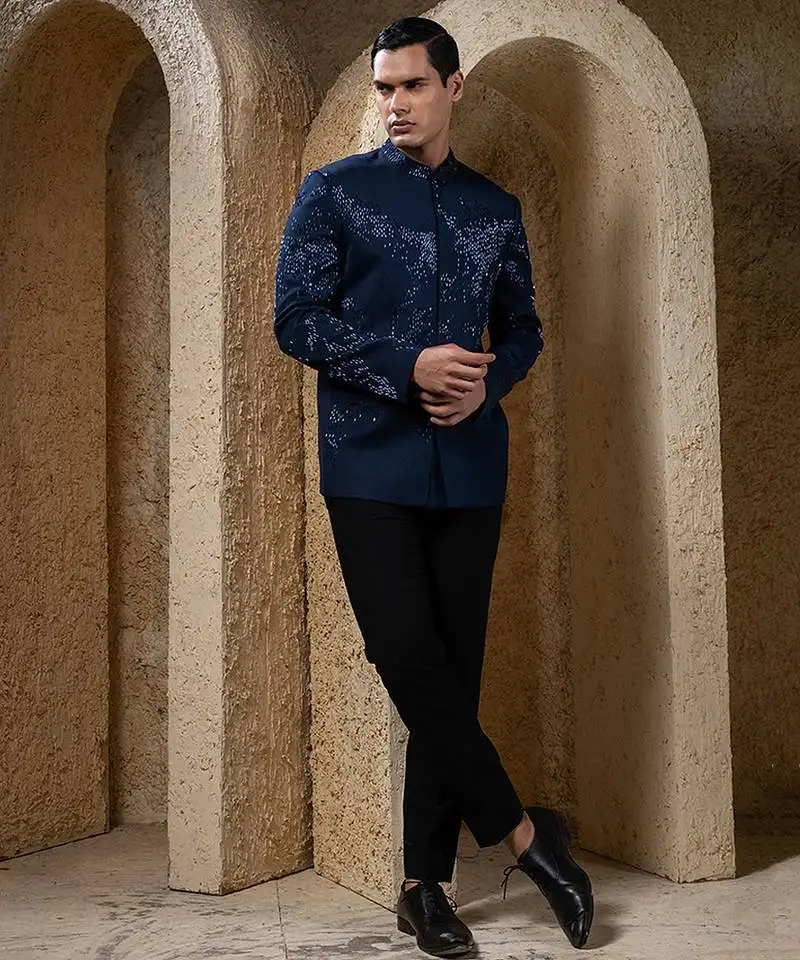 Blue embroidered cotton bandhgala suit