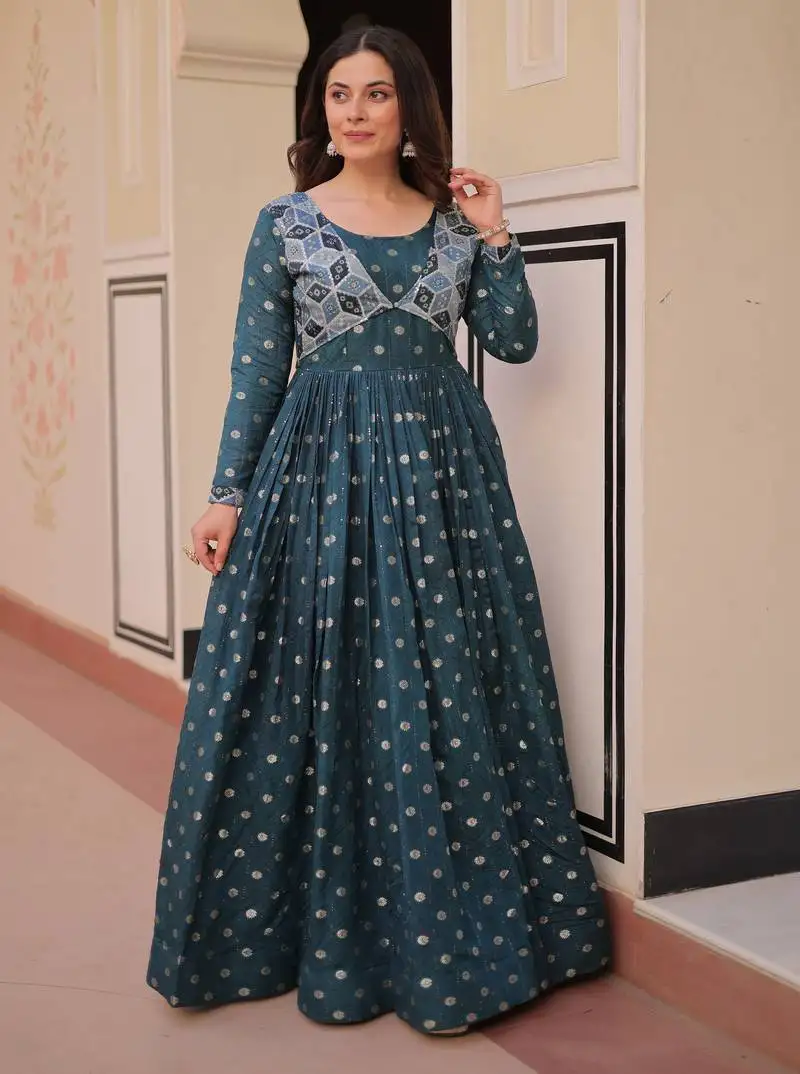 Green color staple jacquard beautiful festive wear gown for girls
