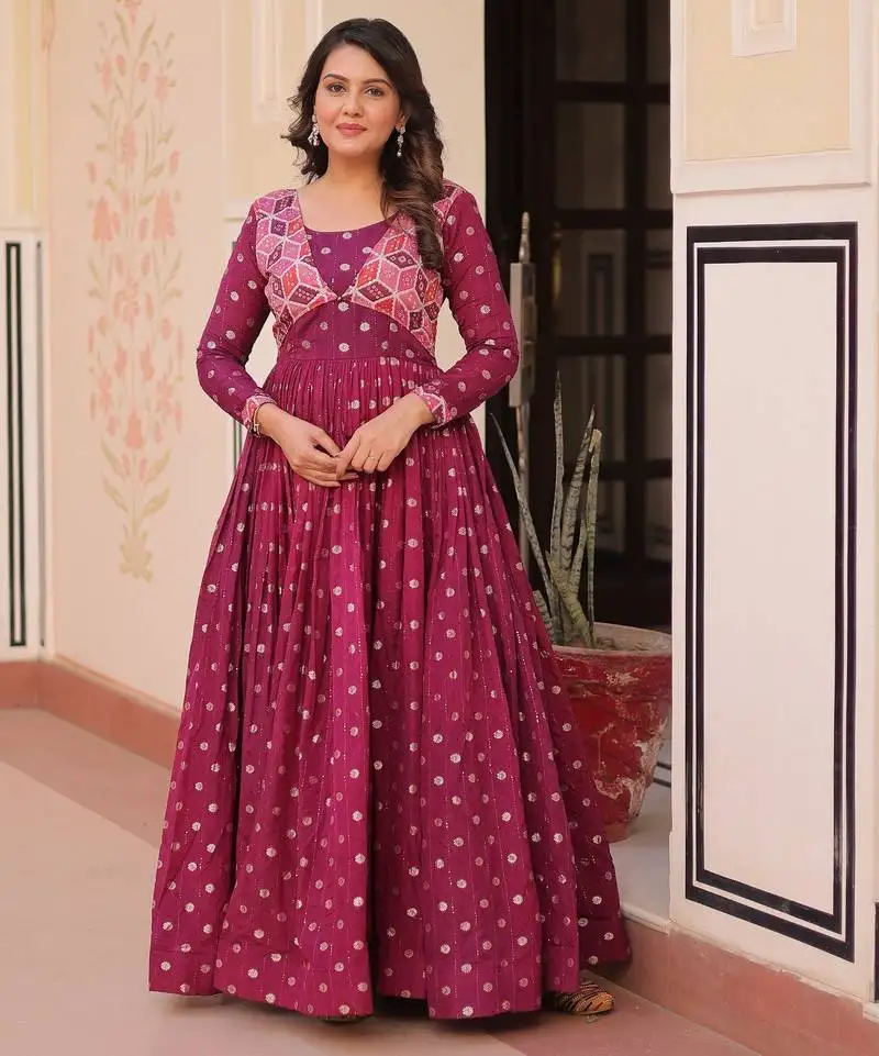 Wine color staple jacquard beautiful festive wear gown for girls