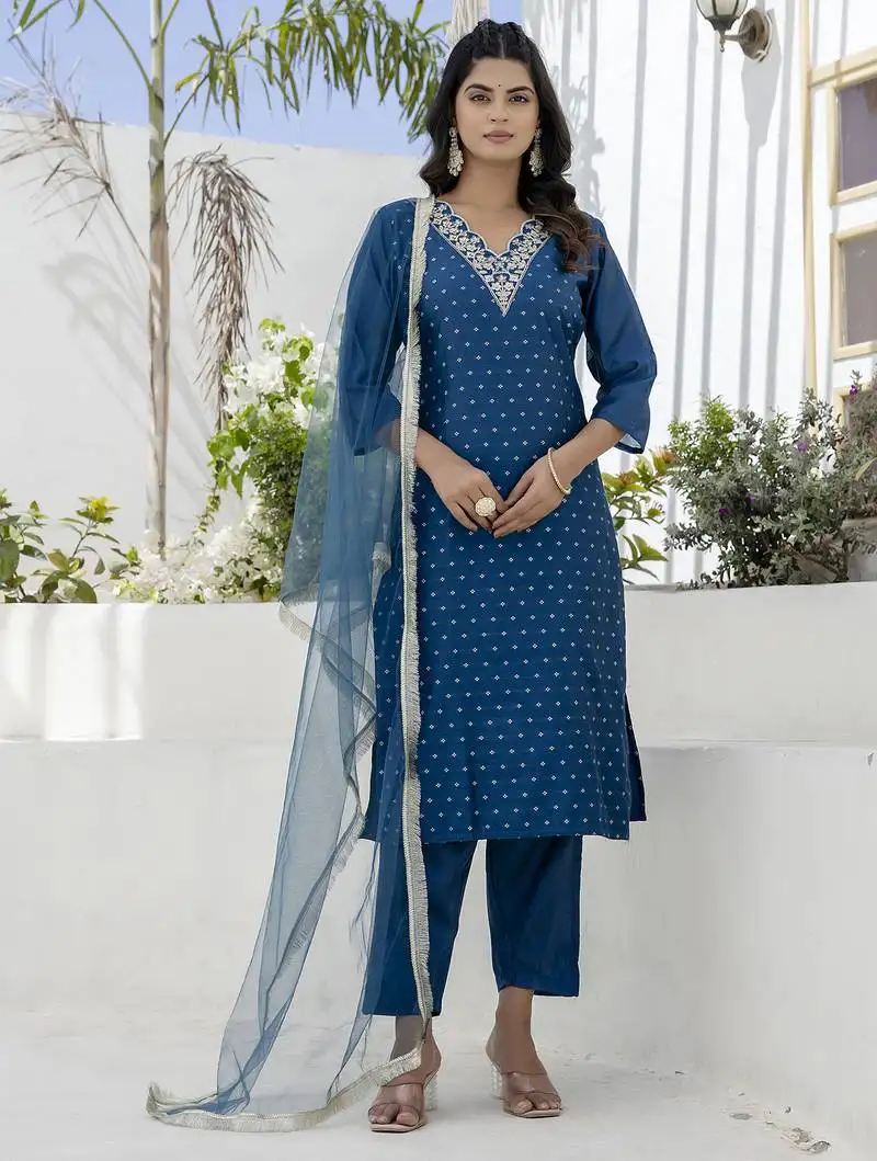 Teal blue color chanderi silk fabric beautiful festive wear readymade kurta set