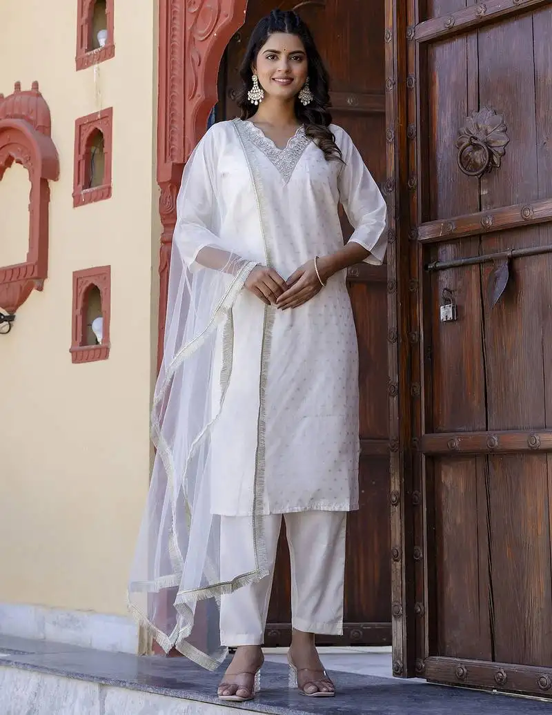 White color chanderi silk fabric beautiful festive wear readymade kurta set