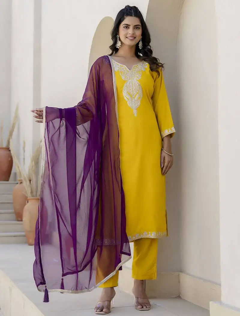 Yellow color silk blend fabric beautiful festive wear readymade kurta set