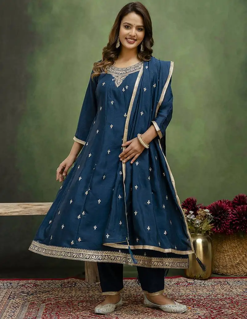 Teal blue color silk blend designer embroidery work heavy looks salwar kameez