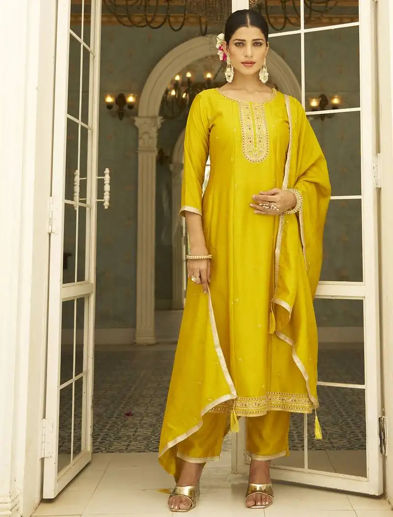 Yellow color silk blend designer embroidery work heavy looks salwar kameez