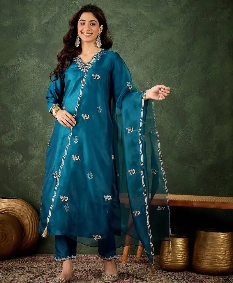 Teal blue color smart silk blend fabric designer embroidery work ceremonial kurta set