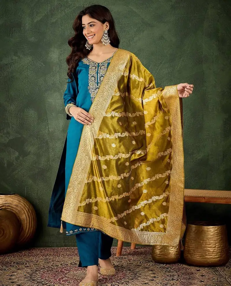 Teal blue color smart viscose rayon fabric designer embroidery work ceremonial kurta set