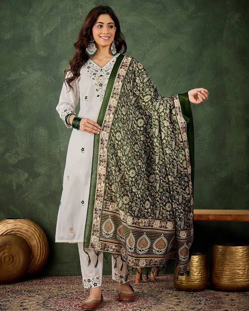 White color beautiful cotton blend readymade kurta set with designer embroidery work