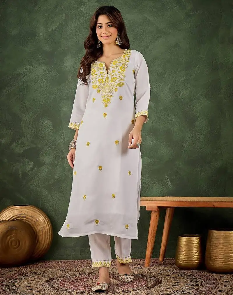 Yellow color roman silk blend ethnic kurta set for embroidered ceremonial looks