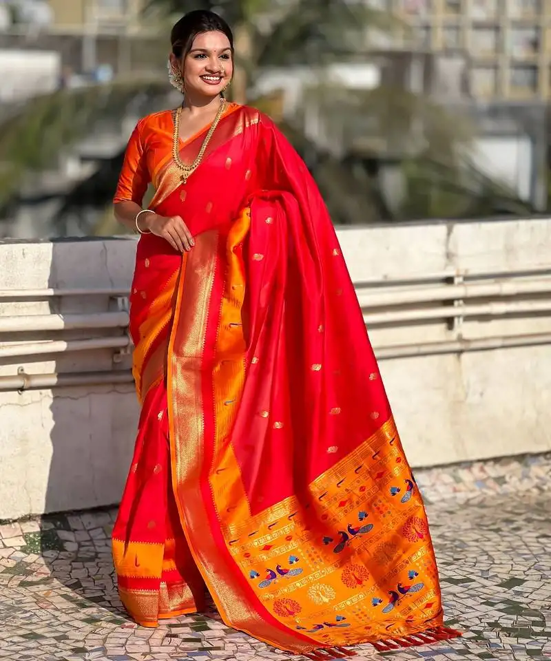 Red gold zari woven paithani silk blend saree