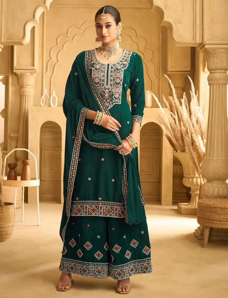 Green embroidered velvet semi-pakistani salwar suit semi stitched