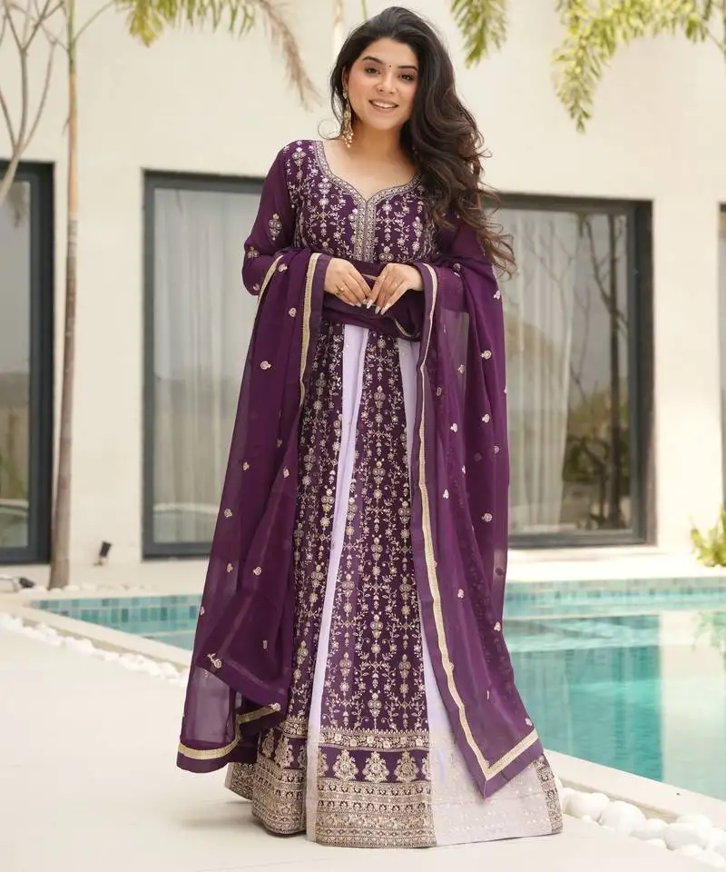 Wine color heavy wedding wear faux georgette sequins embroidered bridesmiad gown with dupatta