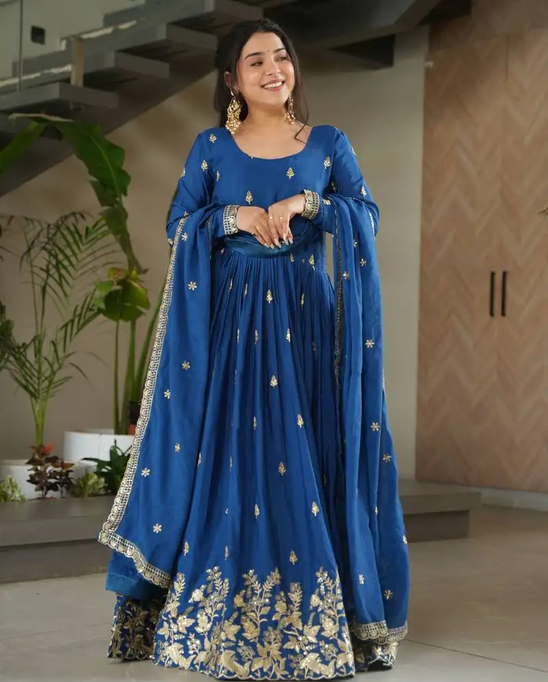 Beautiful blue color festive special chinon fabric sequins embroidered trendy gown with dupatta