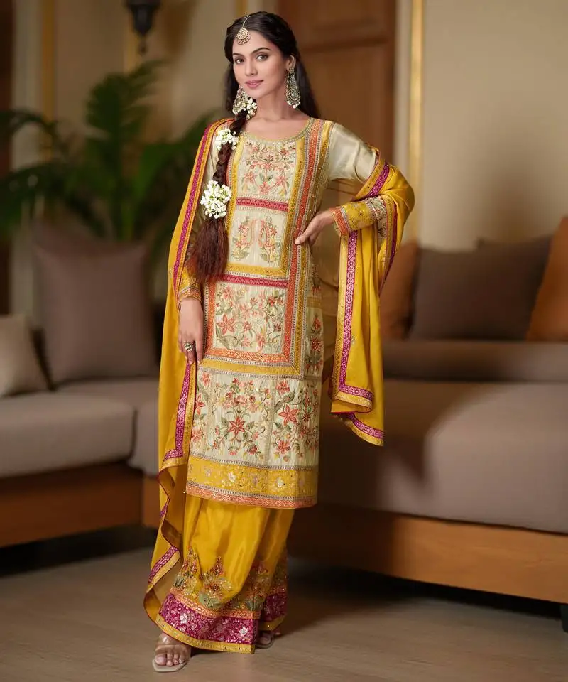 Yellow color chinon fabric designer embroidered readymade suit for girls