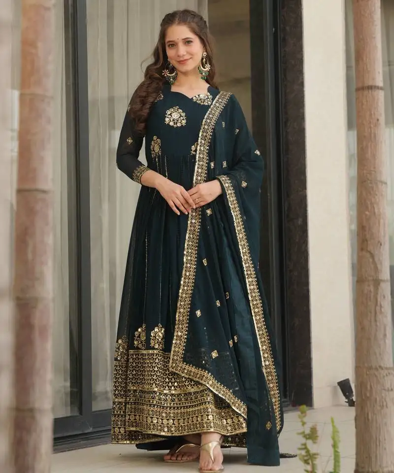 Teal blue color faux georgette fabric graceful ceremonial wear girlie trendy gown with dupatta