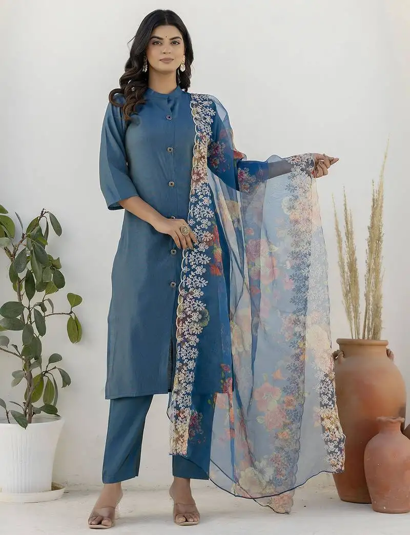 Teal blue color shimmer silk fabric designer embroidery work formally ethnic readymade kurta set