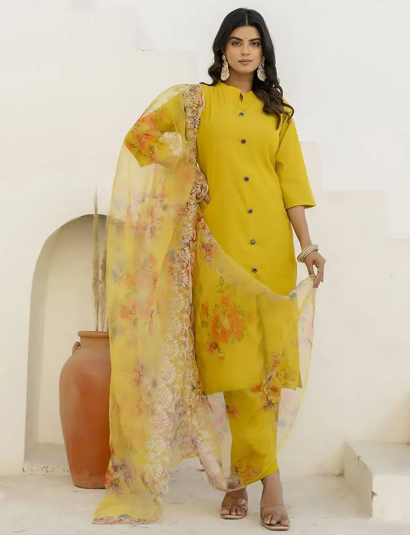 Yellow color shimmer silk fabric designer embroidery work formally ethnic readymade kurta set