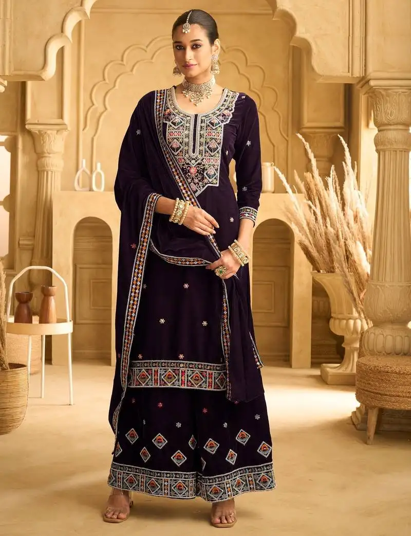 Purple embroidered velvet semi-pakistani salwar suit semi stitched