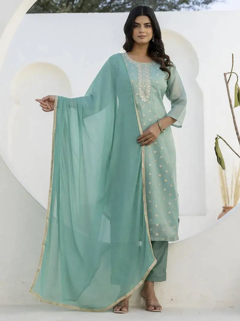 Sea green color chanderi silk fabric designer embroidery work formally ethnic readymade kurta set