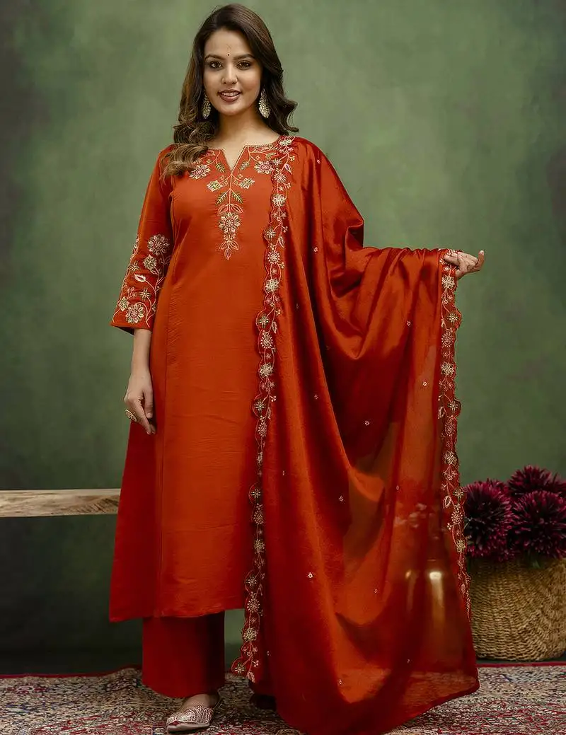 Rust color silk blend designer embroidery work heavy looks salwar kameez