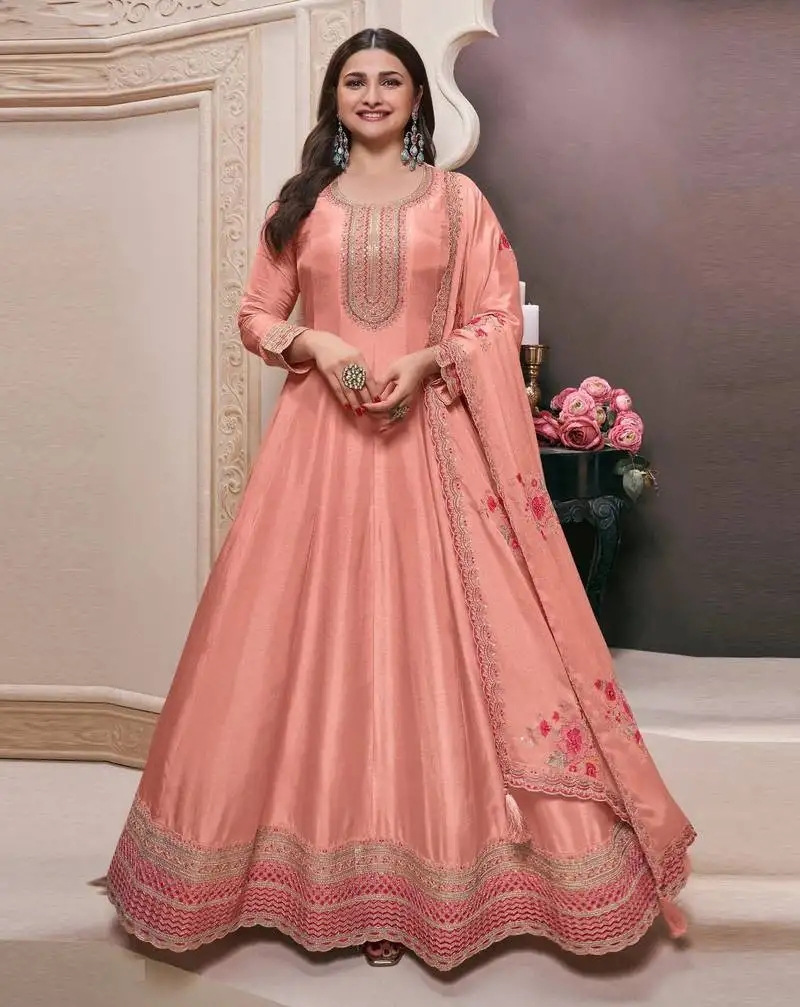 Orange embroidered art silk semi-anarkali suit semi stitched