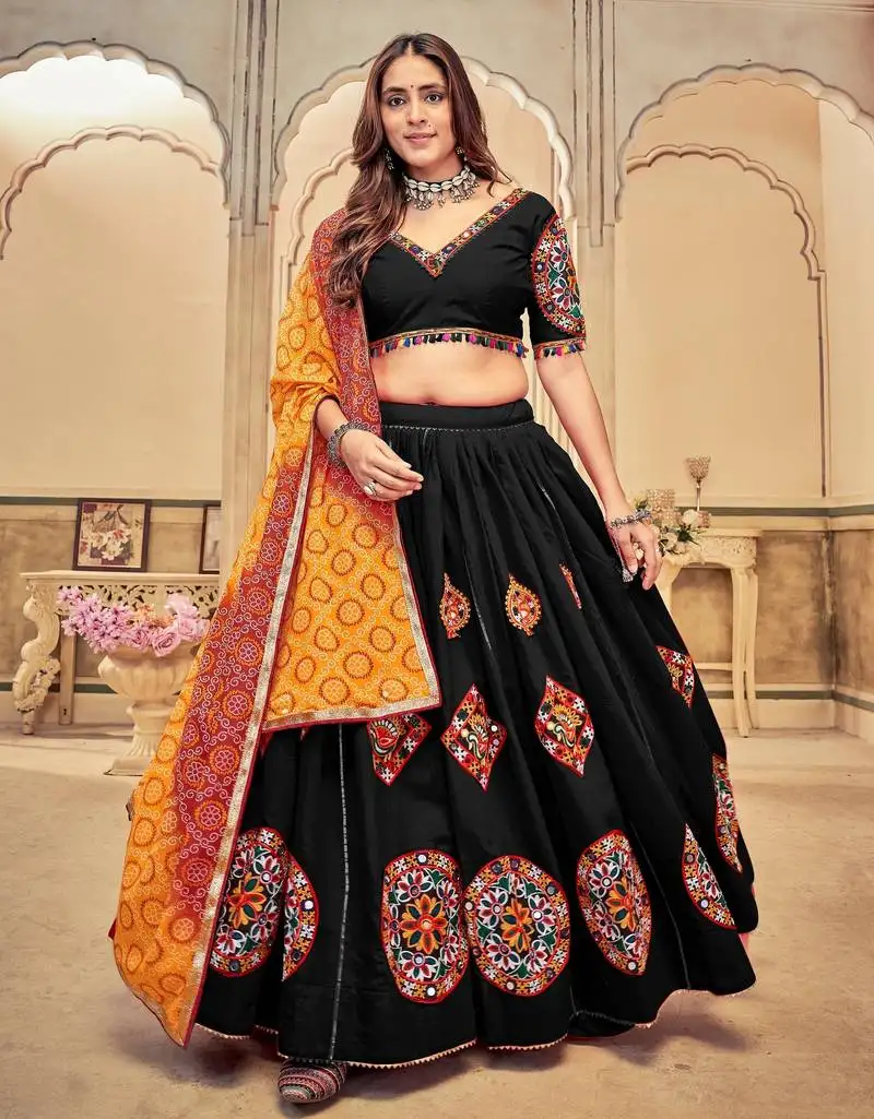 Black cotton silk designer navratri lehenga choli