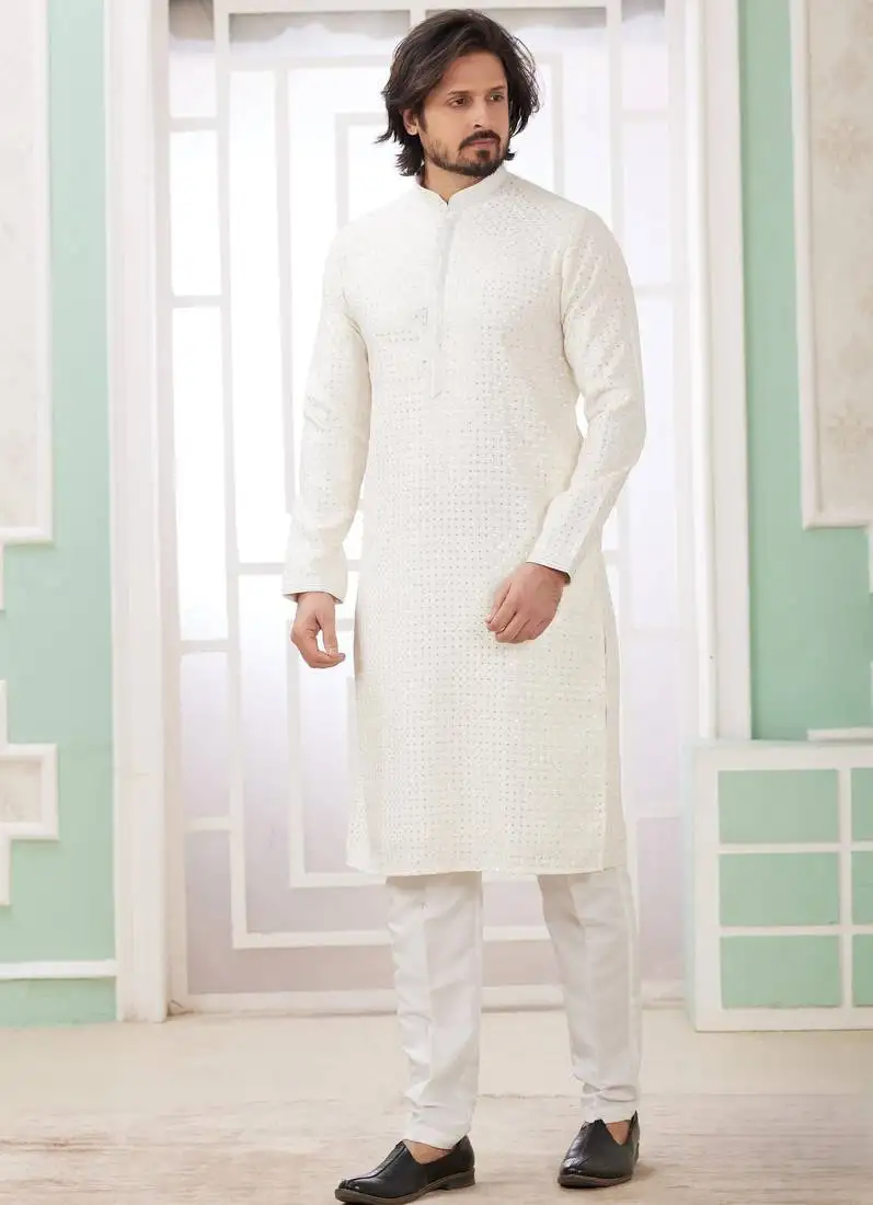 Men's off white straight kurta with embroidered art silk and with lining