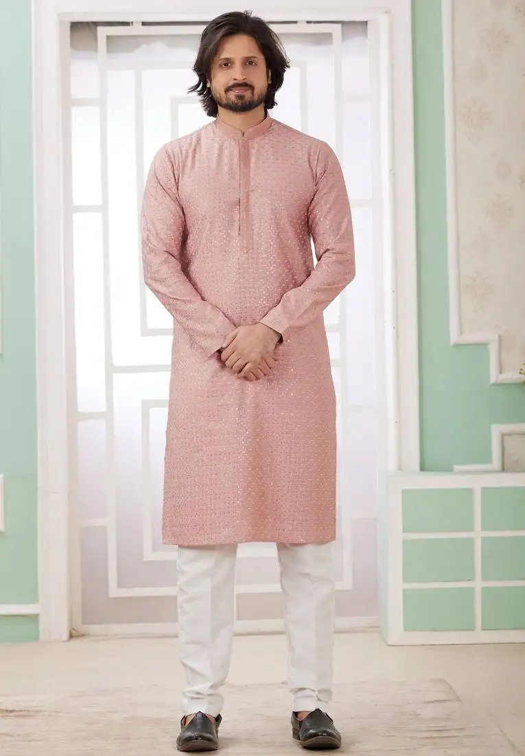 Men's peach straight kurta with embroidered art silk and with lining
