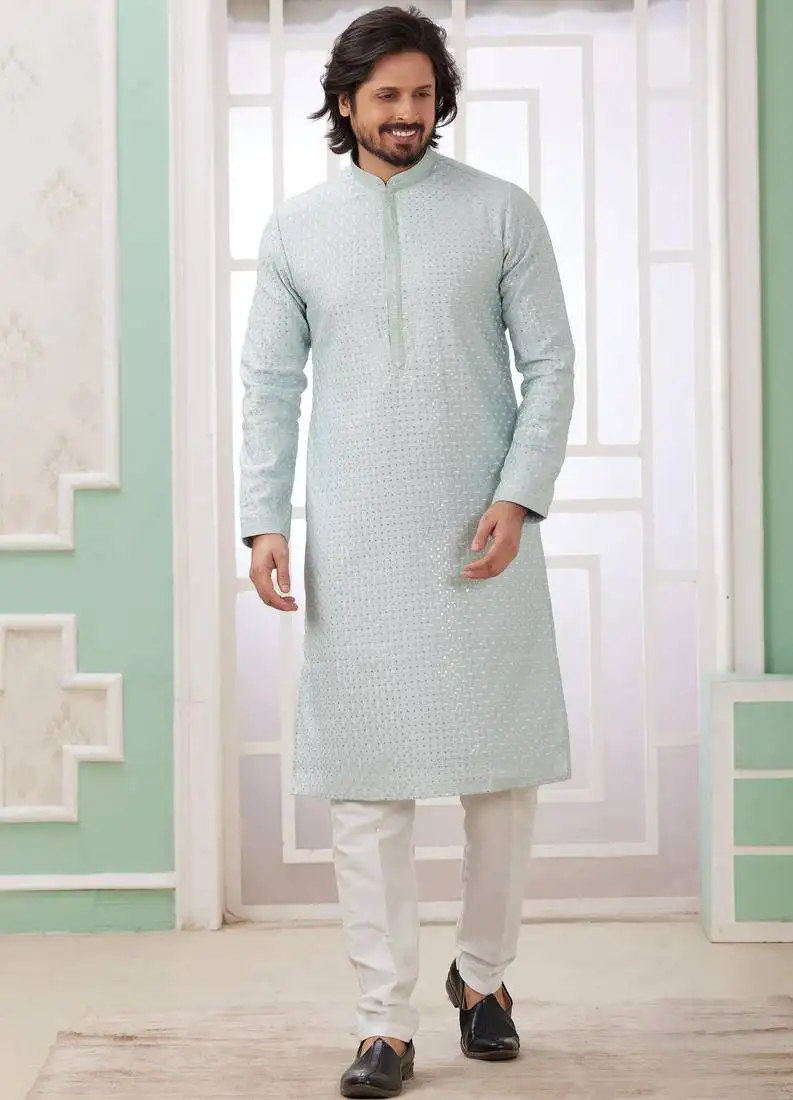 Men's mint green straight kurta with embroidered art silk and with lining